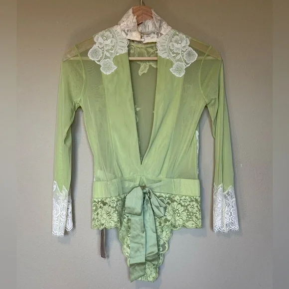 Free People x We Are HAH Lime Green Cream Lace Sheer Bodysuit NWT Size Small